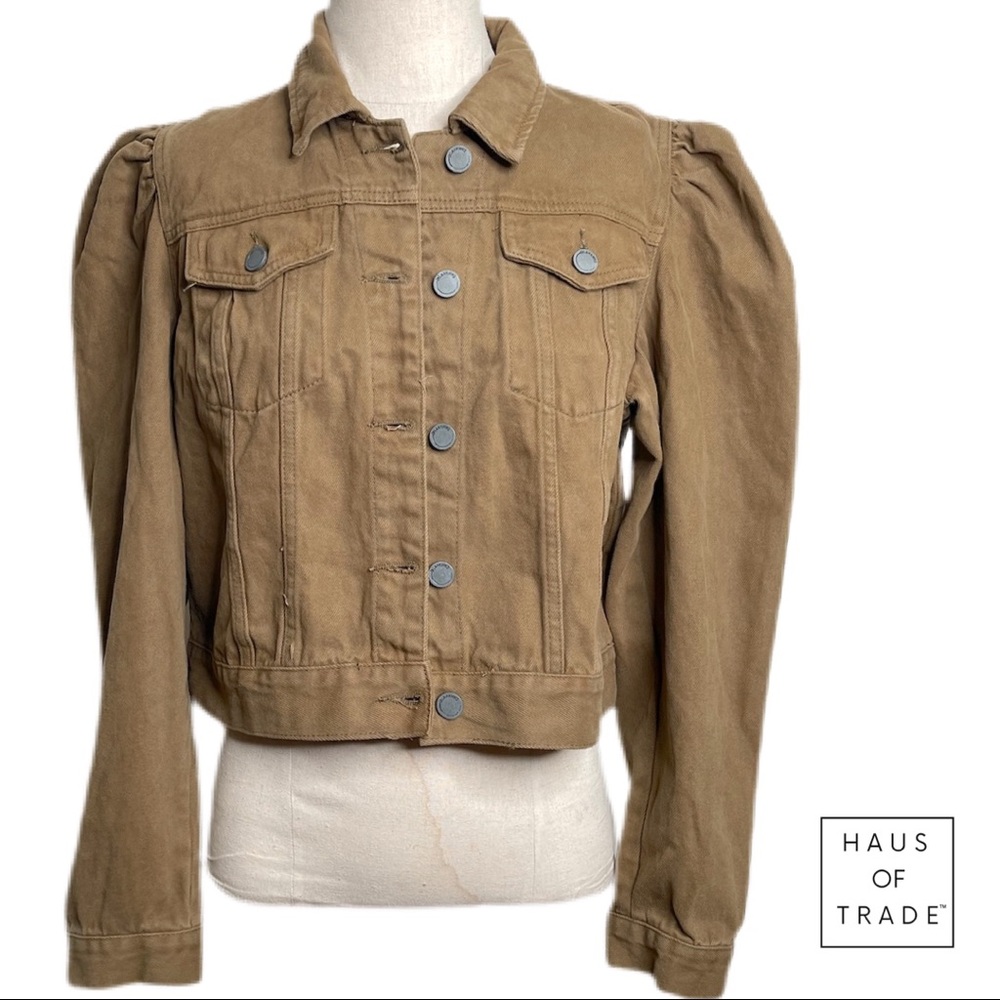 BLANKNYC Puff Shoulder Cropped Khaki Denim Jckt